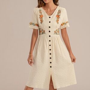 Retro Stage Pure Cotton Beige 1940s-Inspired V-Neck Floral Dress - size L